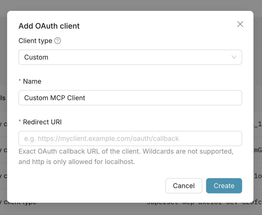 Create custom client form with name field and redirect URI