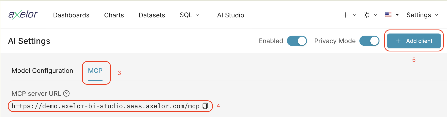 MCP tab with MCP Server URL copy and Add Client action