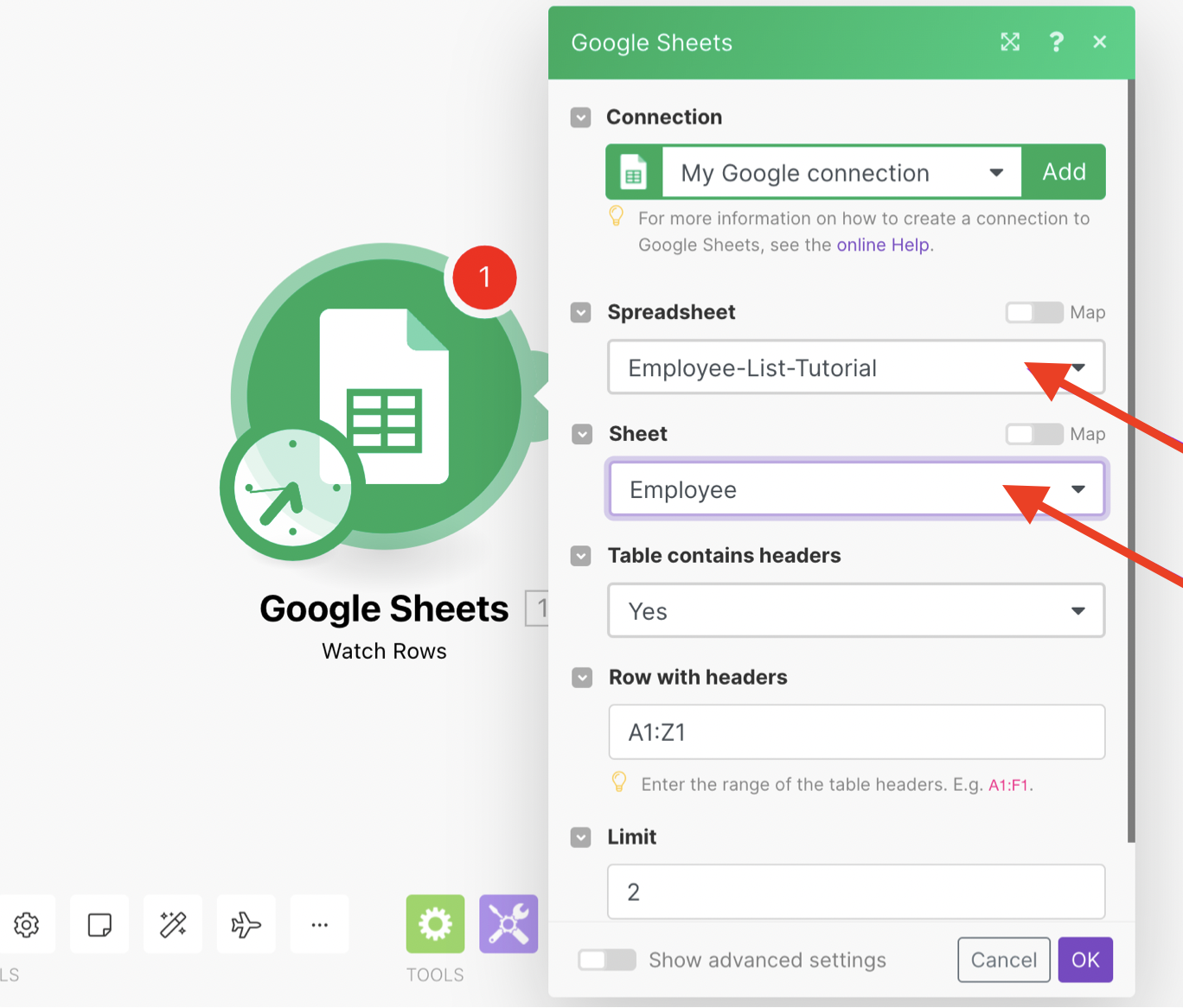 Google Sheets module config.png