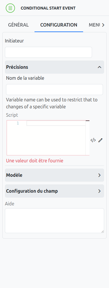 Axelor conditional event configuration