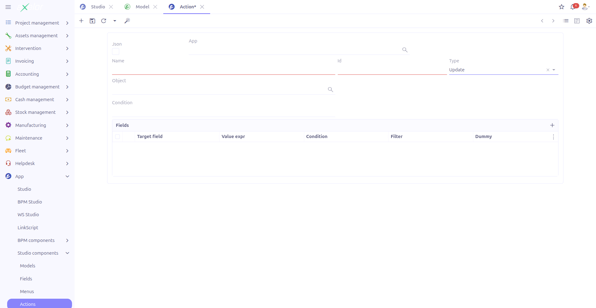 Update action configuration