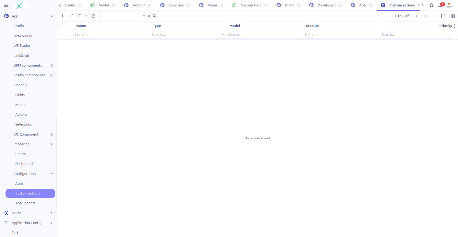 Custom Actions grid view