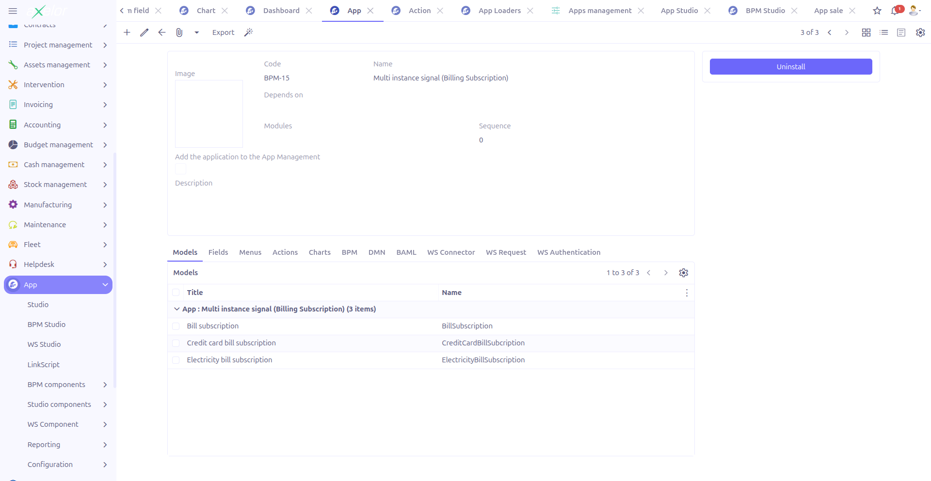 Studio App menu in the navigation bar