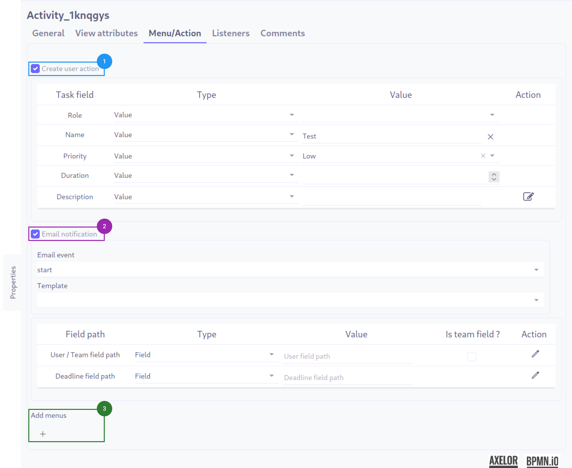 Menu actions