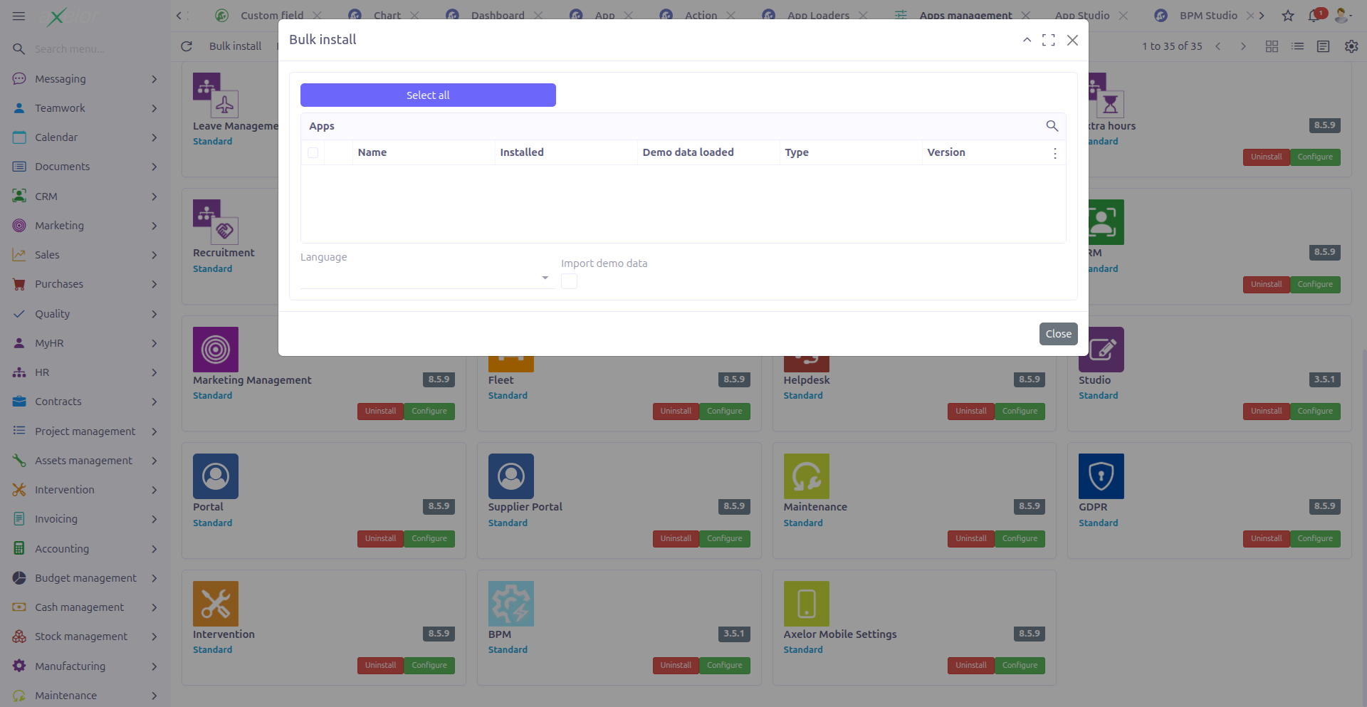 Bulk install dialog
