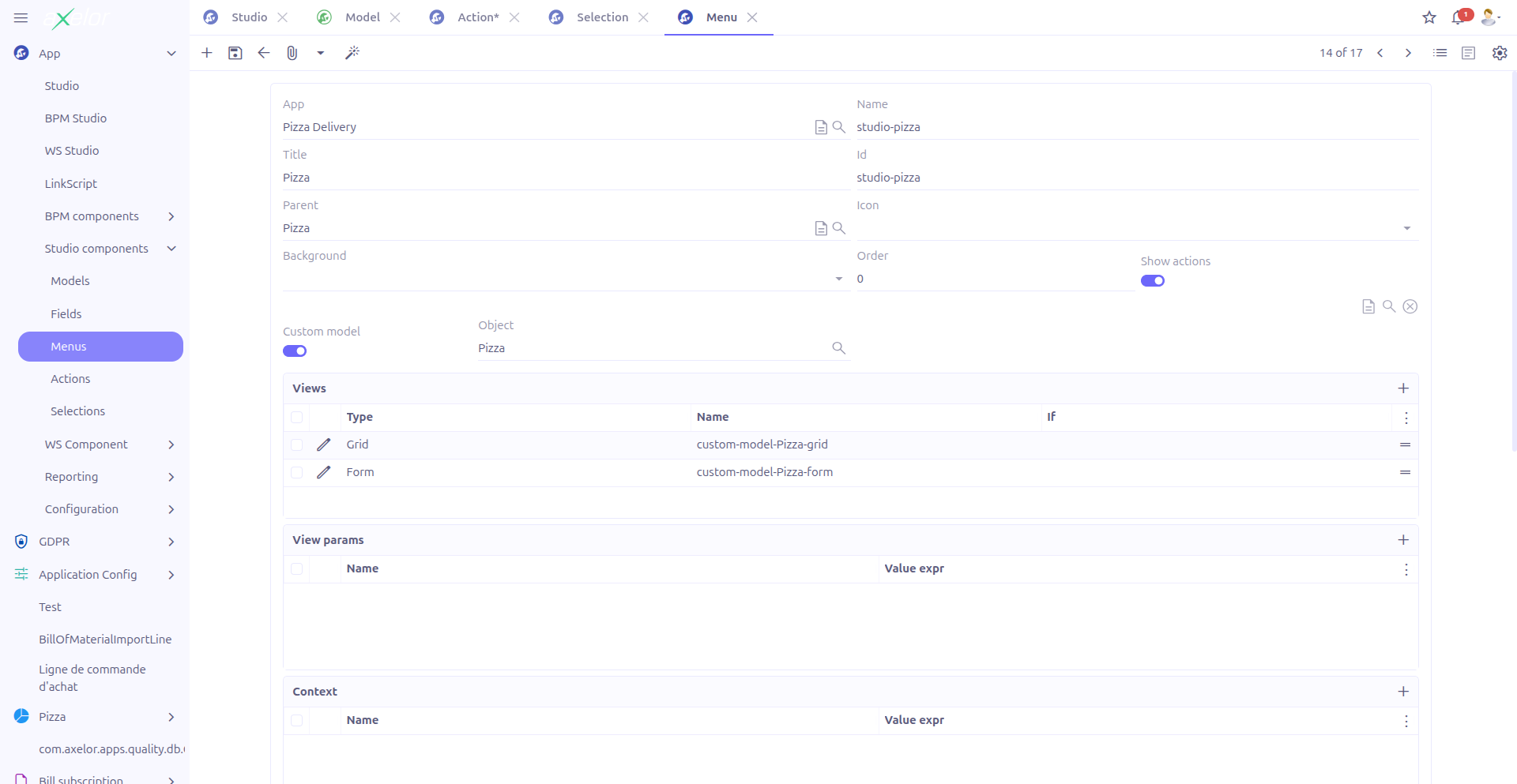 Studio Menu form