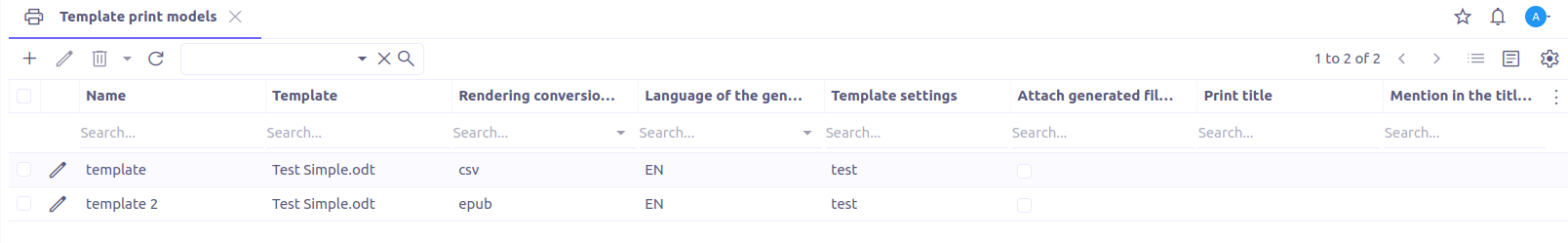 Template Menu list