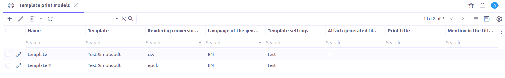 Template menu list