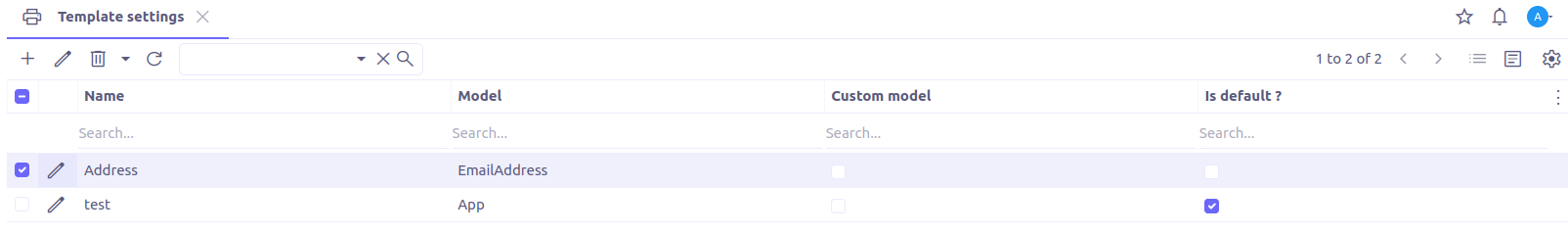 Template setting list